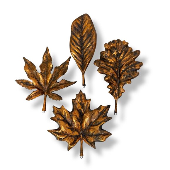 Leaf Christmas Ornaments Set of 4 Goldtone Nature Inspired Holiday Decor - Picture 1 of 8